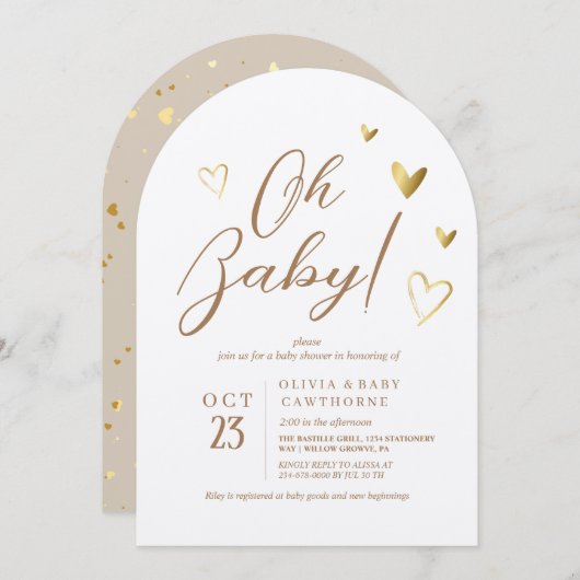 Moderne Gouden Harten Neutraal Oh Baby Shower Kaart (Voorkant / Achterkant)