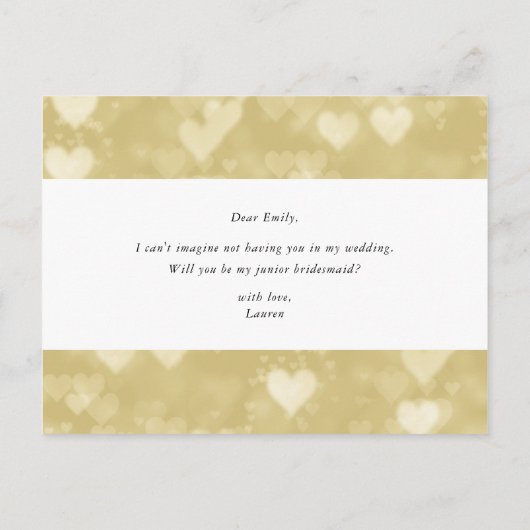 Moderne gouden harten zijn mijn junior bruidsmeisj uitnodiging briefkaart (Achterkant)