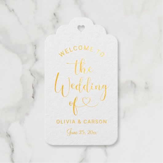 Moderne gouden hartscript monogram huwelijksgunst cadeaulabels (Voorkant)