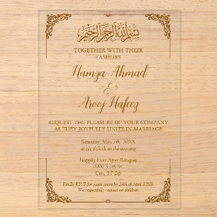 Moderne Gouden Islamitische Moslim Bruiloft Acryl Uitnodigingen