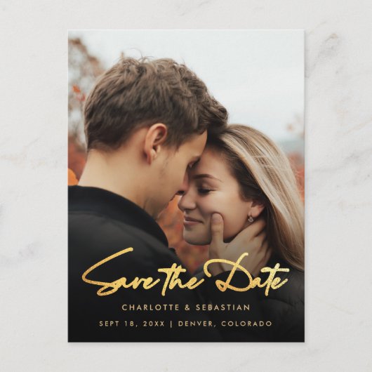 Moderne gouden kalligrafie foto Save the Date Aankondigingskaart (Voorkant)