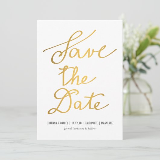 Moderne Gouden Kalligrafie Trouwen Save The Date (Staand voorkant)