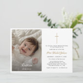 Moderne Gouden Katholieke Religie Baby Doopsel Fot Kaart (Staand voorkant)