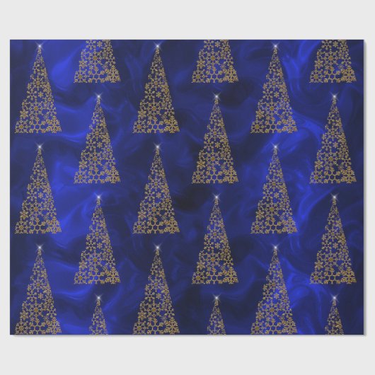 Moderne gouden kerstbomen op blauwe zijde cadeaupapier (Vlak)