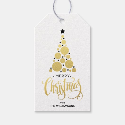 Moderne gouden kerstboomfeestdag cadeaulabel (Voorkant)