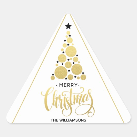 Moderne gouden kerstboomfeestdag sticker (Voorkant)