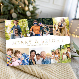 Moderne gouden Kerstmis 6 foto's Merry and Bright Feestdagenkaart