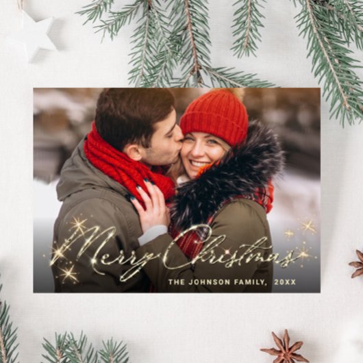 Moderne Gouden Kerstvakantie Foto Kerstgroet Briefkaart