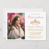 Moderne gouden kroonfoto Roze Quinceanera Kaart (Voorkant)