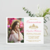Moderne gouden kroonfoto Roze Quinceanera Kaart (Staand voorkant)