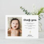 Moderne Gouden Kruis Baby Foto doop Bedankkaart (Staand voorkant)