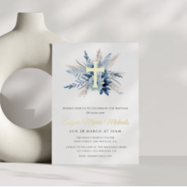 moderne gouden kruis blauwe bloem doop folie uitnodiging