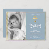 Moderne gouden kruis blauwe doop uitnodiging (Voorkant / Achterkant)