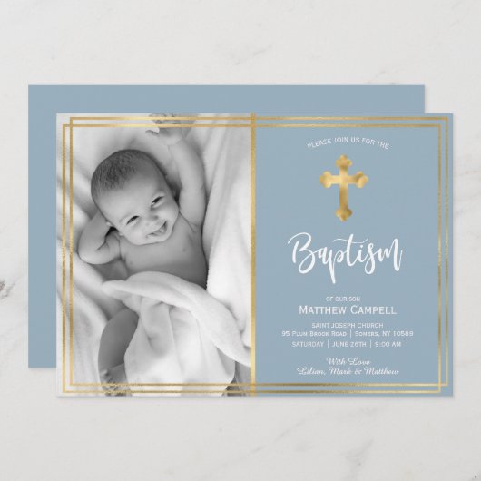 Moderne gouden kruis blauwe doop uitnodiging (Voorkant / Achterkant)