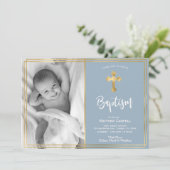 Moderne gouden kruis blauwe doop uitnodiging (Staand voorkant)