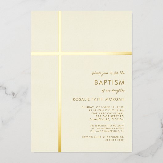 Moderne Gouden Kruis Doop Uitnodiging (Voorkant)