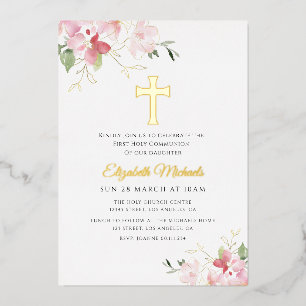 Moderne Gouden Kruis Eerste Communie Folie Uitnodiging