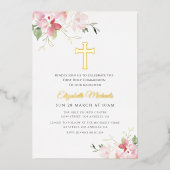 Moderne Gouden Kruis Eerste Communie Folie Uitnodiging (Voorkant)