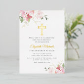 Moderne Gouden Kruis Eerste Communie Folie Uitnodiging (Staand Voorkant)