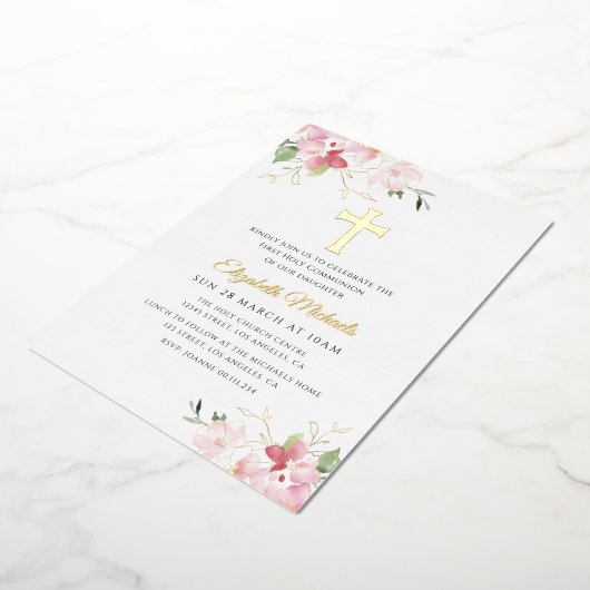 Moderne Gouden Kruis Eerste Communie Folie Uitnodiging (Gedraaid)