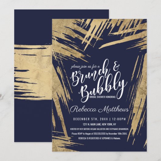 Moderne Gouden Kwaststreken Navy Blauwe Brunch Bru Kaart (Voorkant / Achterkant)