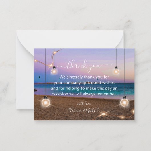moderne gouden lampen strandbruiloft bedankt wit notitiekaartje (Voorkant)
