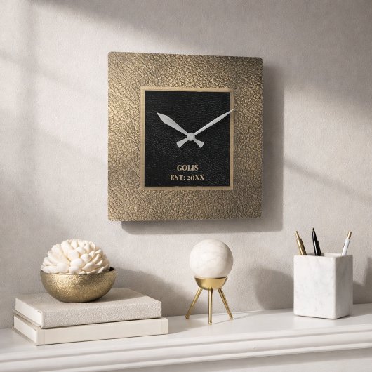 Moderne Gouden-Leren & Zwarte Minimalist Vierkante Klok