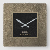 Moderne Gouden-Leren & Zwarte Minimalist Vierkante Klok (Voorkant)