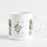 Moderne gouden letter E bloem | Twee foto-monogram Koffiemok<br><div class="desc">Moderne gouden letter E bloem | Twee foto-monogram</div>