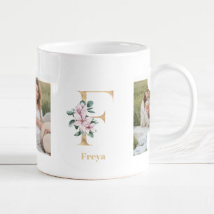 Moderne gouden letter F bloem   Twee foto-monogram Koffiemok