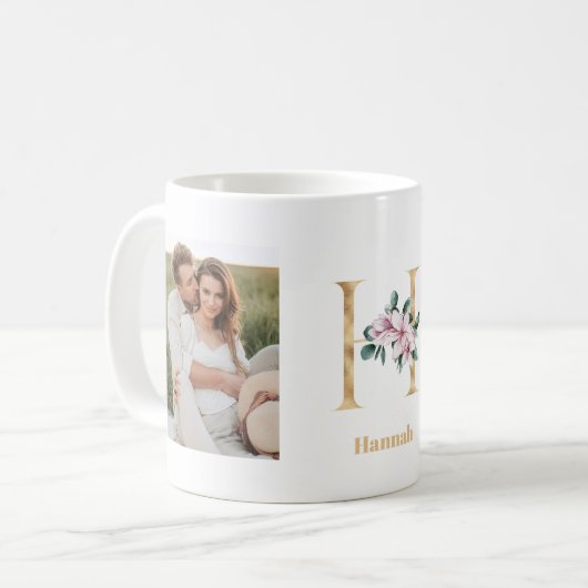 Moderne gouden letter H Bloem | Twee foto-monogram Koffiemok (Voorkant links)