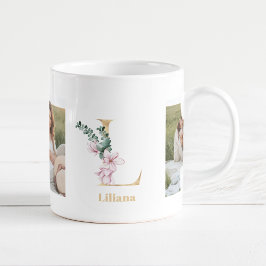 Moderne gouden letter L bloem | Twee foto-monogram Koffiemok