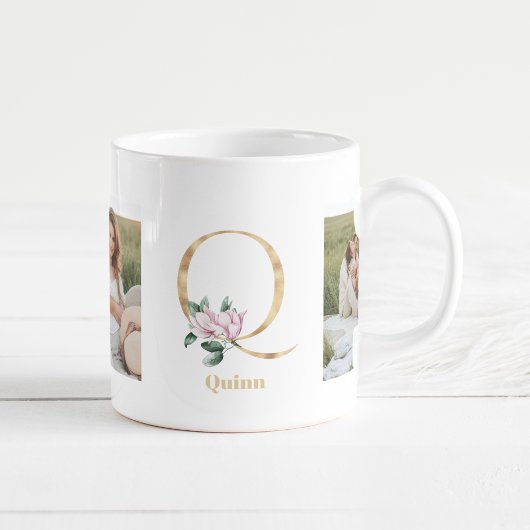 Moderne gouden letter Q bloem | Twee foto-monogram Koffiemok