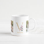 Moderne gouden letter V bloem | Twee foto-monogram Koffiemok<br><div class="desc">Moderne gouden letter V bloem | Twee foto-monogram</div>