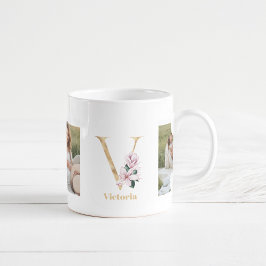 Moderne gouden letter V bloem | Twee foto-monogram Koffiemok