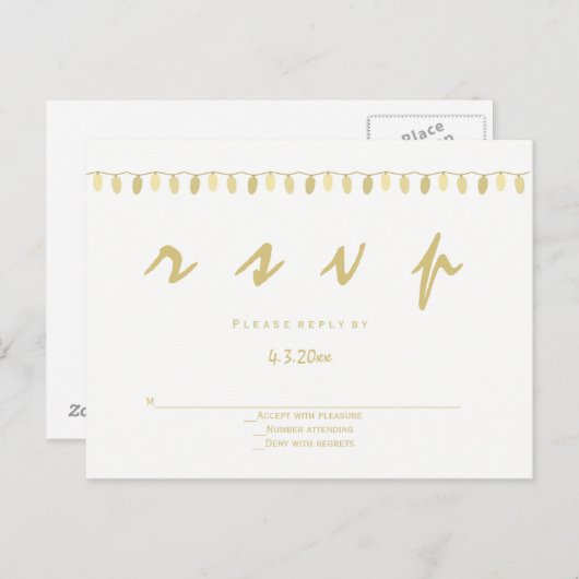 Moderne gouden lichten bruiloft RSVP briefkaarten (Voorkant / Achterkant)