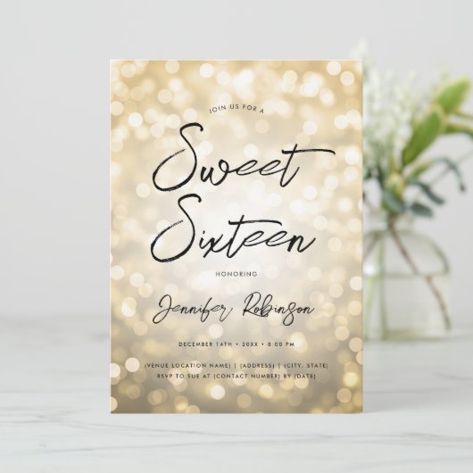 Moderne Gouden Lichtjes Foto Sweet 16 Feest Kaart (Staand voorkant)