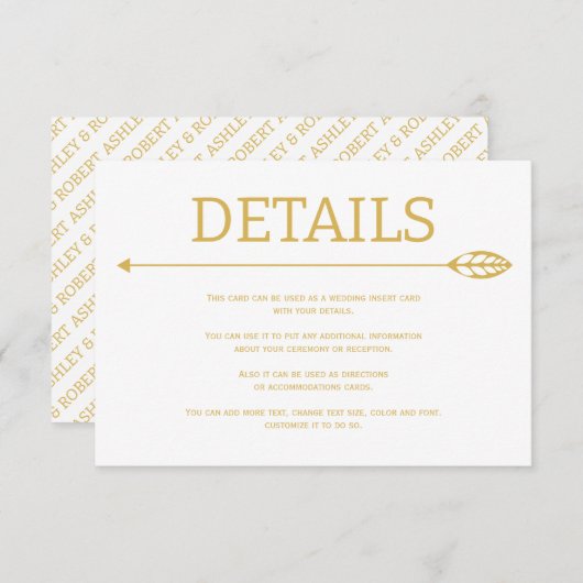 Moderne gouden lijn met blad en pijl bruiloft informatiekaartje (Voorkant / Achterkant)