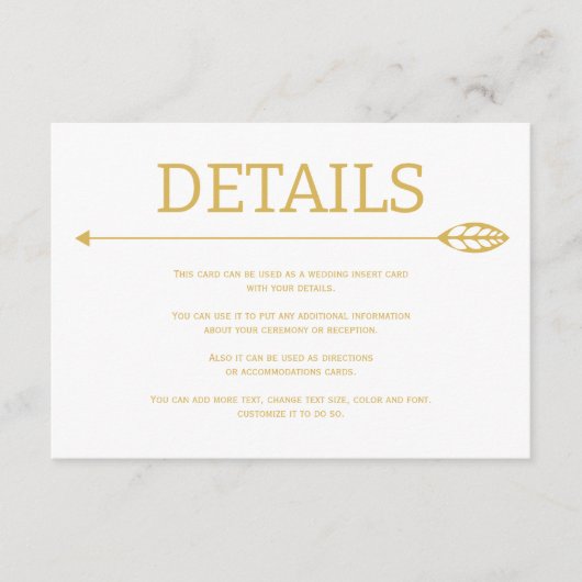 Moderne gouden lijn met blad en pijl bruiloft informatiekaartje (Voorkant)
