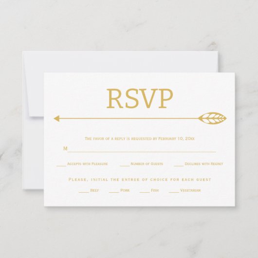 Moderne gouden lijn met blad en pijl bruiloft RSVP kaartje (Voorkant)