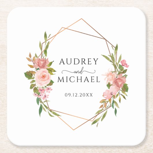 Moderne gouden Lijst Bloemen Foto bruiloft Dank u Kartonnen Onderzetters (Voorkant)