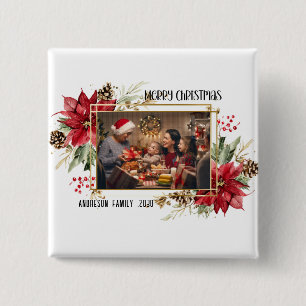 Moderne gouden lijst Bloemige vrolijke kerst foto Vierkante Button 5,1 Cm