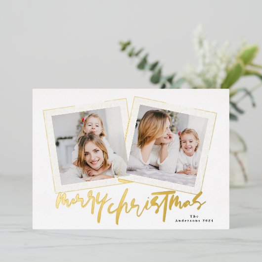 Moderne Gouden lijsten Vrolijk Kerstfeest Multi Fo Folie Feestdagenkaart (Staand Voorkant)