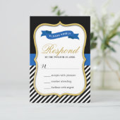 Moderne gouden lijstframe met zwarte witte strepen RSVP kaartje (Staand voorkant)