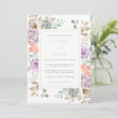 Moderne Gouden Lila Perzik Bloemige Bruiloft Kaart (Staand voorkant)