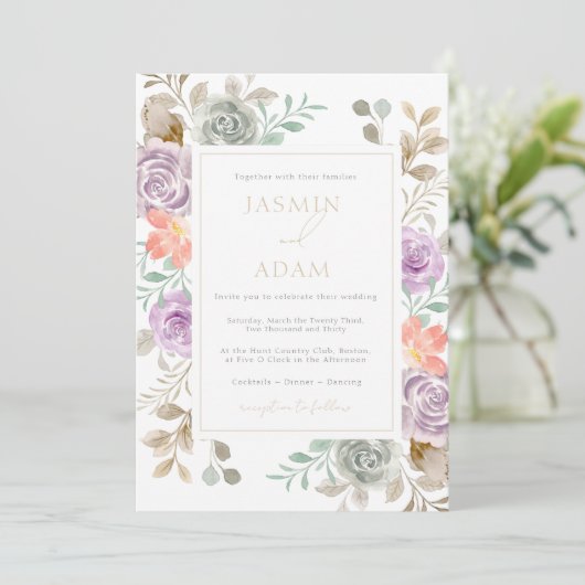 Moderne Gouden Lila Perzik Bloemige Bruiloft Kaart (Staand voorkant)