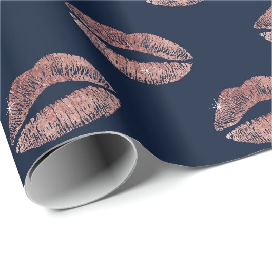 Moderne gouden lips Roos afdrukken Navy Blue Cadeaupapier (Rol Hoek)