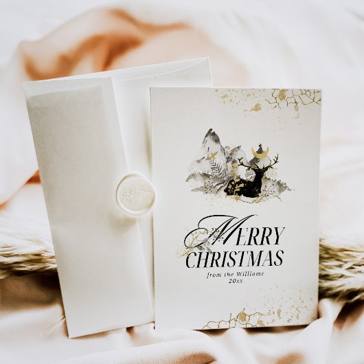 Moderne Gouden Maan Magisch Bos Foto Kerstmis Feestdagenkaart