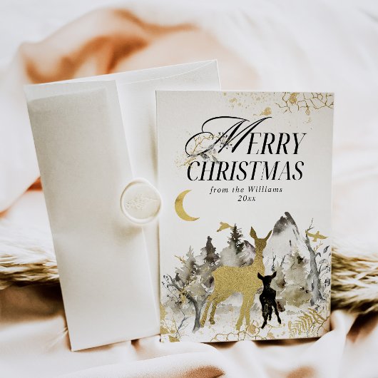 Moderne Gouden Maan Magisch Bos Foto Kerstmis Feestdagenkaart