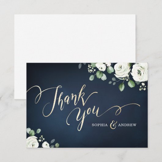 Moderne gouden mannetjes blauw witte florale bruil bedankkaart (Voorkant / Achterkant)